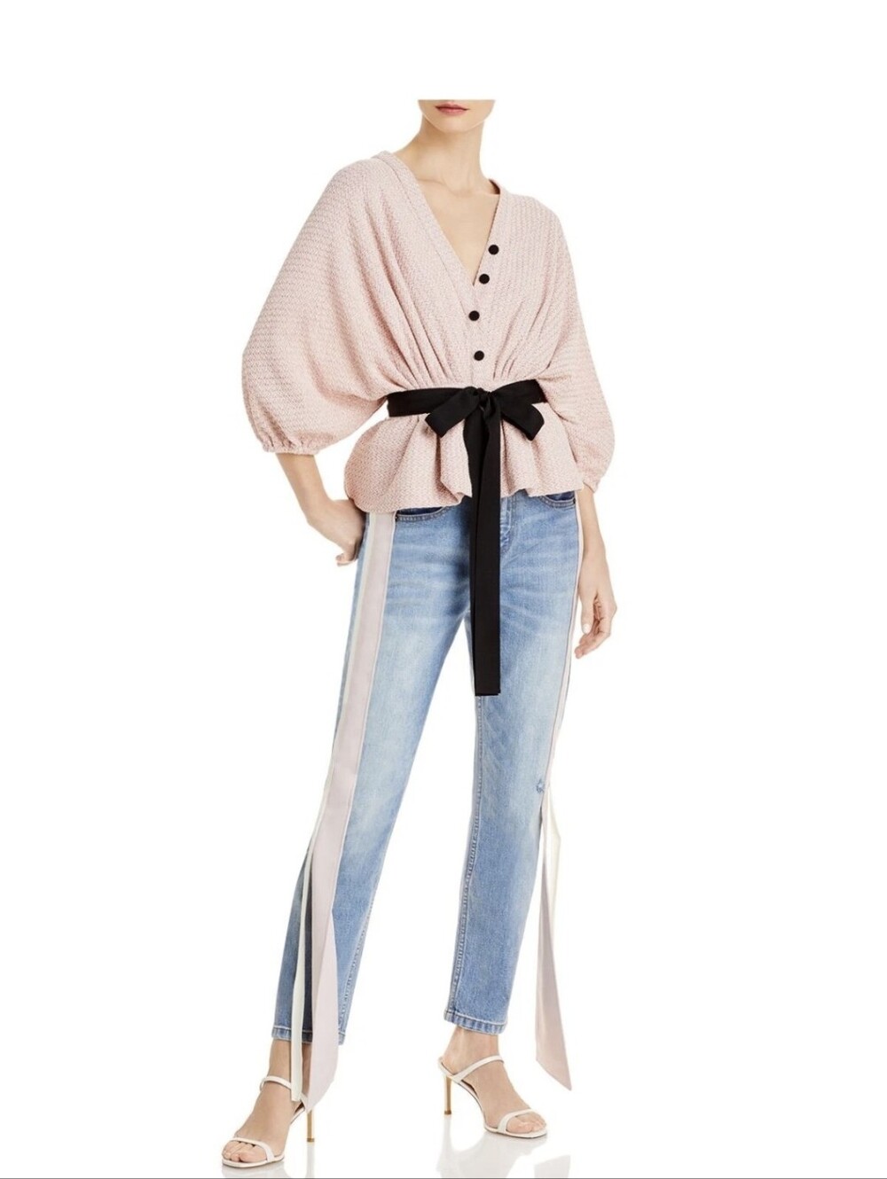 Hellessy Pale Pink Wrap Blouse with Black Waist Tie